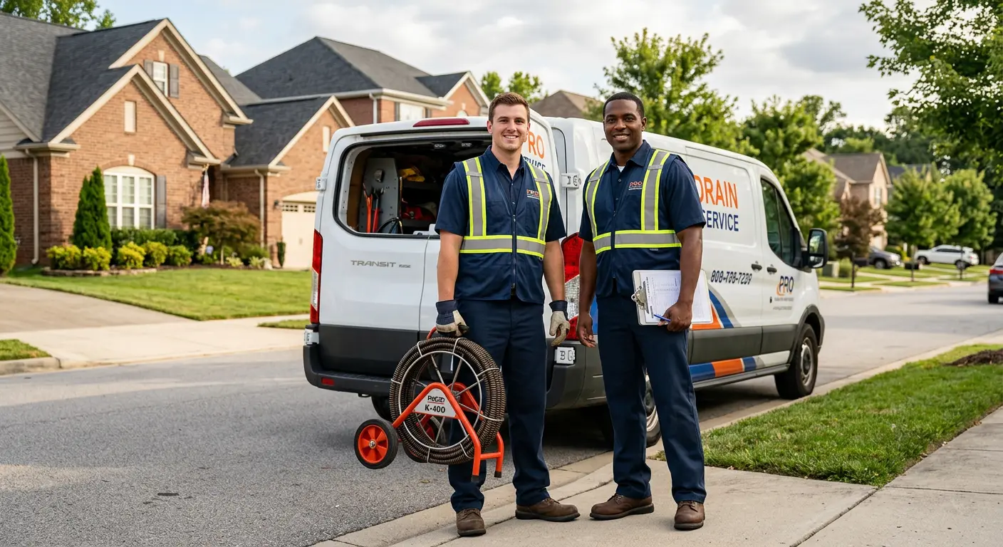 Sewer and drain service team with equipment ready for work in Woodmere