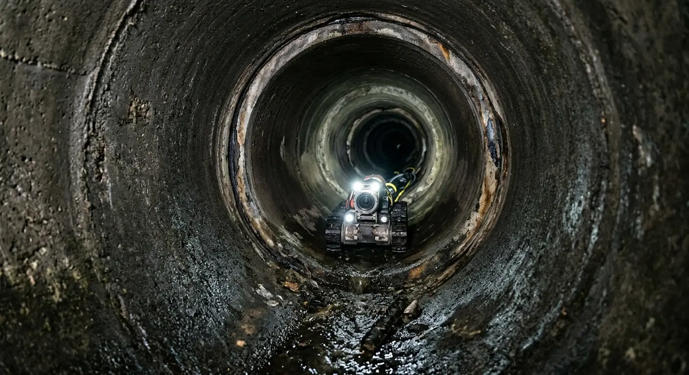 Robotic sewer camera inspecting pipe interior for Sewer Line Cleaning in Woodmere