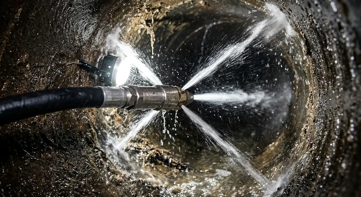 High-pressure hydro jetting nozzle cleaning sewer pipe for Sewer Cleanout in Woodmere