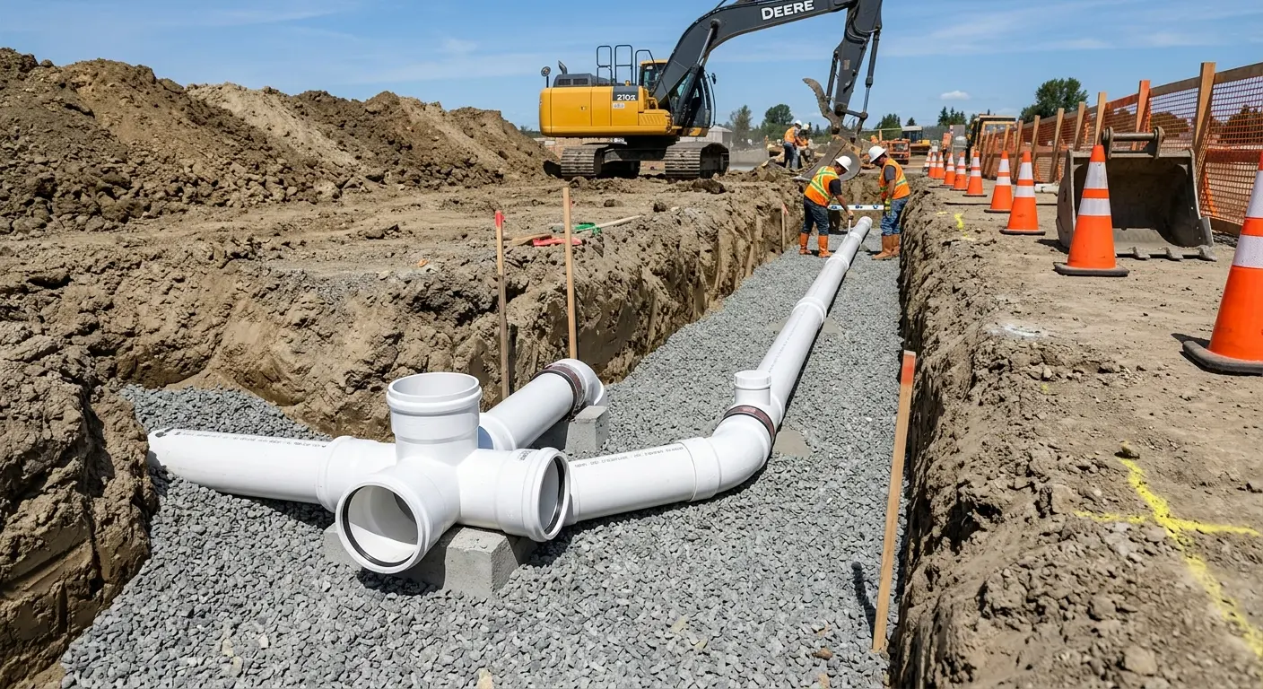 New PVC sewer pipe installation in open trench for Sewer Backup in Woodmere