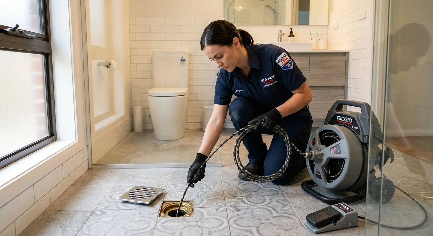 Technician clearing a bathroom floor drain for Sewer Line Replacement in Woodmere